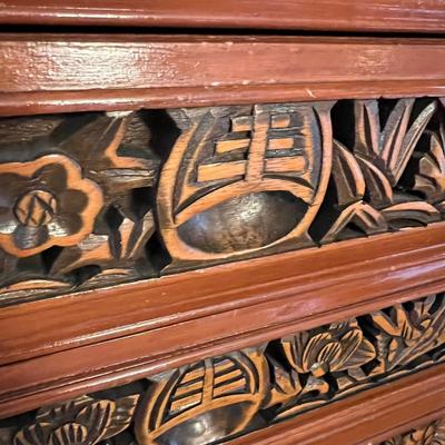Asian Carved Wood Flatware Chest 4 Drawer + Cabinet