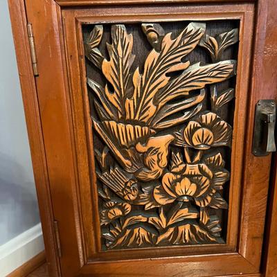 Asian Carved Wood Flatware Chest 4 Drawer + Cabinet