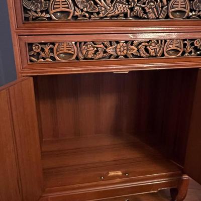 Asian Carved Wood Flatware Chest 4 Drawer + Cabinet