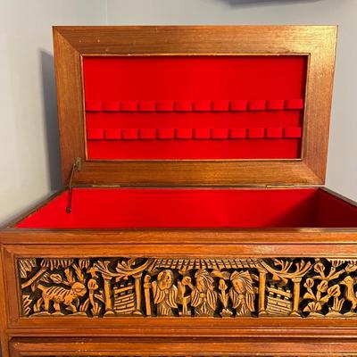 Asian Carved Wood Flatware Chest 4 Drawer + Cabinet