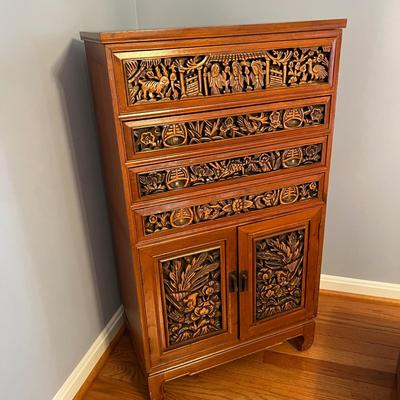 Asian Carved Wood Flatware Chest 4 Drawer + Cabinet
