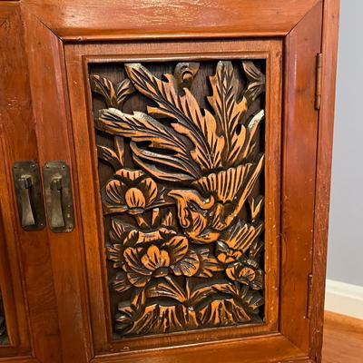 Asian Carved Wood Flatware Chest 4 Drawer + Cabinet