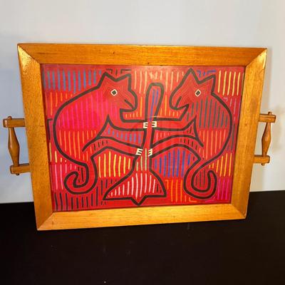 Vintage Mola Kuna Panamanian Indian Folk Art Wooden Tray