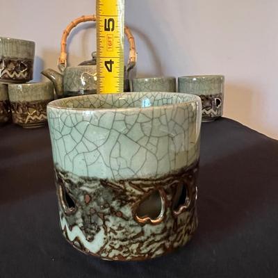 1960 Somayaki Soma Ware Green Crackle Ceramic Tea Set Vintage