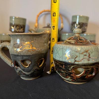 1960 Somayaki Soma Ware Green Crackle Ceramic Tea Set Vintage