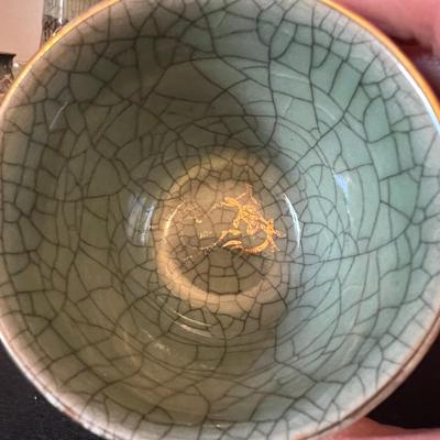 1960 Somayaki Soma Ware Green Crackle Ceramic Tea Set Vintage