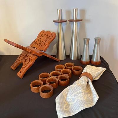 Vintage MCM Pewter & Wood Lot - Candle Holders, Salt Pepper, Napkin Rings, Recipe Book Holder