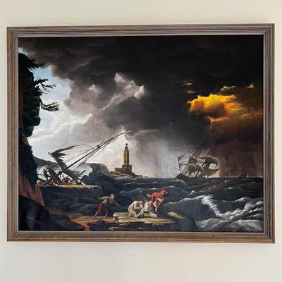 Nautical Oil On Canvas Original Framed Signed Oil 34" x 41" Painting Shipwreck