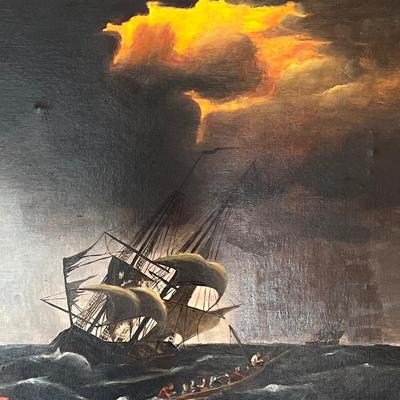 Nautical Oil On Canvas Original Framed Signed Oil 34" x 41" Painting Shipwreck