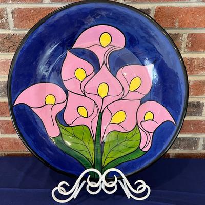 Large Decorative Painted Pottery Plate Wall Hanging 16" Diameter