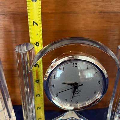 Lenox Crystal Lot - Pair Avalon Ovations Candleholders, Desk Clock, Box of Candles