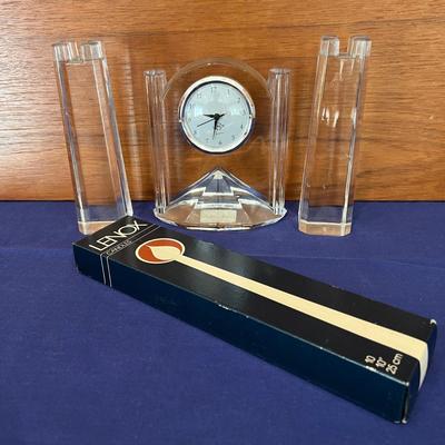 Lenox Crystal Lot - Pair Avalon Ovations Candleholders, Desk Clock, Box of Candles