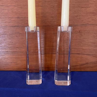Lenox Crystal Lot - Pair Avalon Ovations Candleholders, Desk Clock, Box of Candles