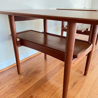 Pair MCM Teak End Tables w. Sliding Tray Tiers