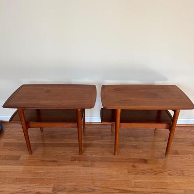 Pair MCM Teak End Tables w. Sliding Tray Tiers