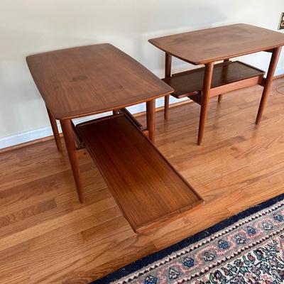 Pair MCM Teak End Tables w. Sliding Tray Tiers