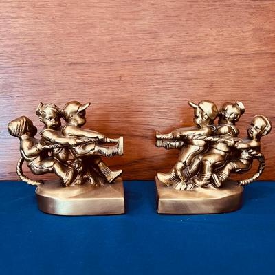 PM Craftsman Brass Bookends Children "Tug of War"
