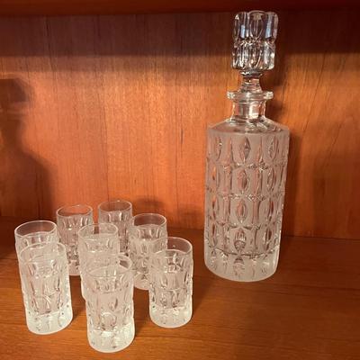 Vintage Olive Cut Frosted Lead Crystal Barware Set - 2 Decanters, 15 Glasses
