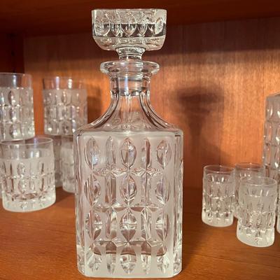 Vintage Olive Cut Frosted Lead Crystal Barware Set - 2 Decanters, 15 Glasses