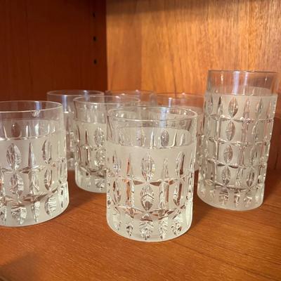 Vintage Olive Cut Frosted Lead Crystal Barware Set - 2 Decanters, 15 Glasses
