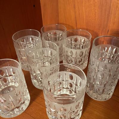 Vintage Olive Cut Frosted Lead Crystal Barware Set - 2 Decanters, 15 Glasses