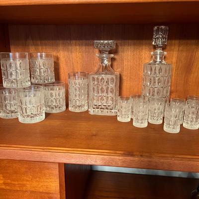 Vintage Olive Cut Frosted Lead Crystal Barware Set - 2 Decanters, 15 Glasses