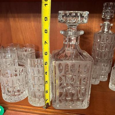 Vintage Olive Cut Frosted Lead Crystal Barware Set - 2 Decanters, 15 Glasses
