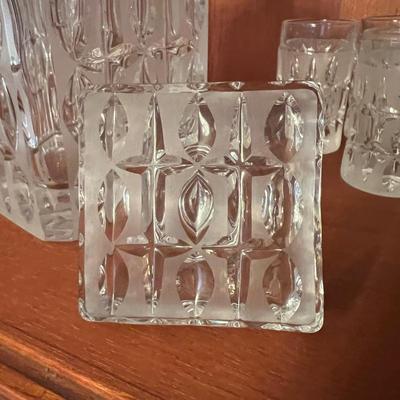 Vintage Olive Cut Frosted Lead Crystal Barware Set - 2 Decanters, 15 Glasses