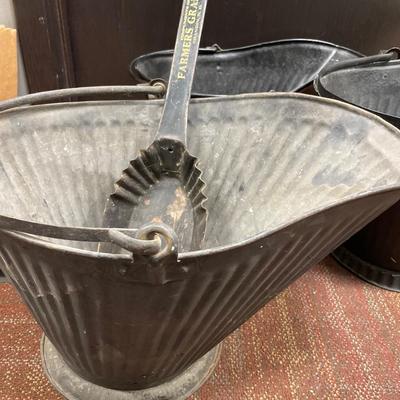 Sale Photo Thumbnail #367: 3 Metal ash/coal buckets
1 metal Farmers Grain Co. scoop