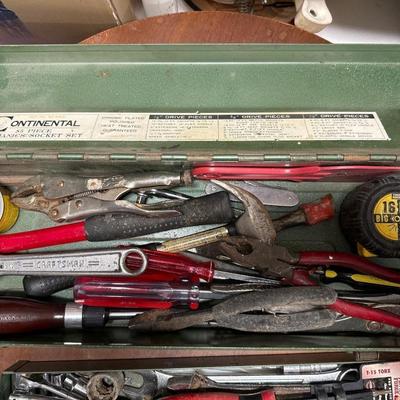 Vintage Continental green metal toolbox with tools