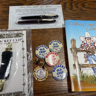 Cowboy logic, jacket clip and pins with pens