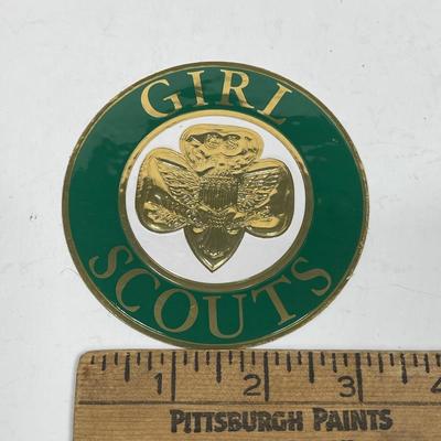 Vintage Girl Scout Emblem Sticker Decal 3.5" Royal-Cal Gold & Green Circle