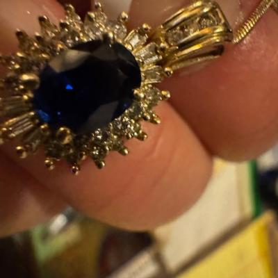 14kt Blue Sapphire Pendant with diamonds on 14kt chain