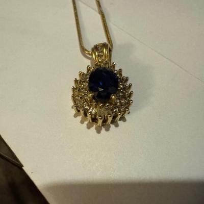 14kt Blue Sapphire Pendant with diamonds on 14kt chain