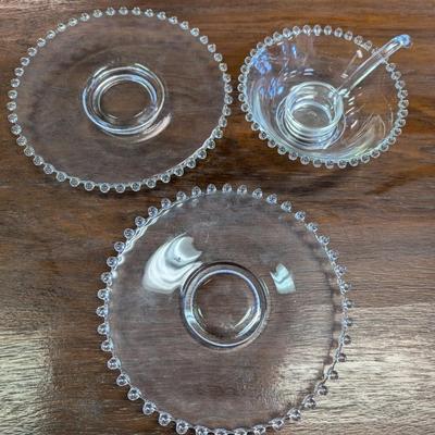 Vintage Candlewick Glass Bubble Rim Plate Sugar Bowl & Spoon