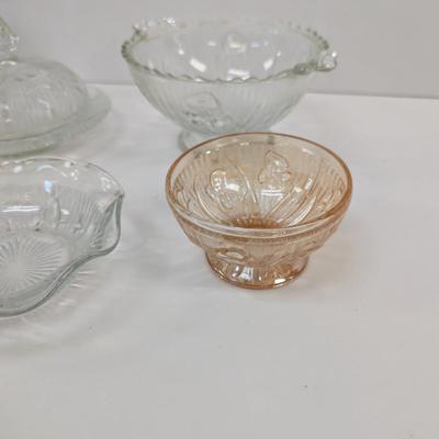 Jeannette Iris Herringbone Butter Dish & Vintage Candle Holder & Candy Dishes