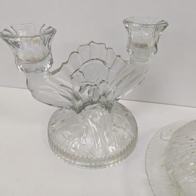 Jeannette Iris Herringbone Butter Dish & Vintage Candle Holder & Candy Dishes