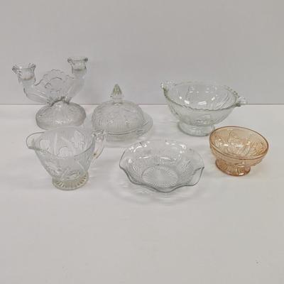 Jeannette Iris Herringbone Butter Dish & Vintage Candle Holder & Candy Dishes