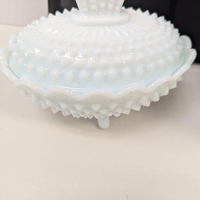 Vintage Anchor Hocking Milk Glass Hobnail Ice Bucket & Fenton Footed Candy Dish