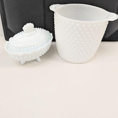 Vintage Anchor Hocking Milk Glass Hobnail Ice Bucket & Fenton Footed Candy Dish