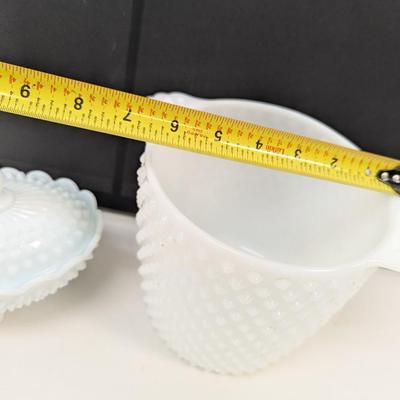 Vintage Anchor Hocking Milk Glass Hobnail Ice Bucket & Fenton Footed Candy Dish