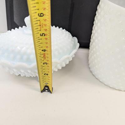 Vintage Anchor Hocking Milk Glass Hobnail Ice Bucket & Fenton Footed Candy Dish