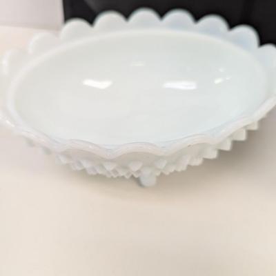 Vintage Anchor Hocking Milk Glass Hobnail Ice Bucket & Fenton Footed Candy Dish