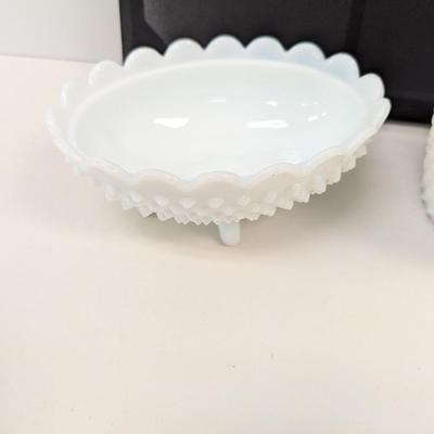 Vintage Anchor Hocking Milk Glass Hobnail Ice Bucket & Fenton Footed Candy Dish