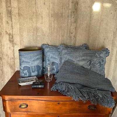 UA Custom Made Blue Elephant Pillows and Waste Can, Tray and Elephant Paperweight