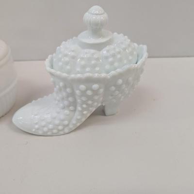 Milk Glass Hobnail Boot Candy Dish & Vase