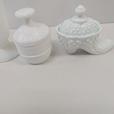 Milk Glass Hobnail Boot Candy Dish & Vase