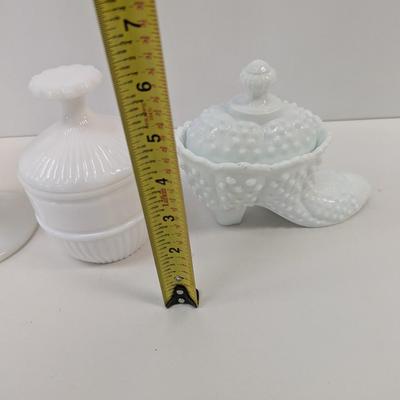 Milk Glass Hobnail Boot Candy Dish & Vase