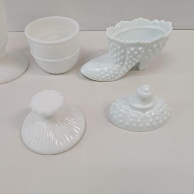 Milk Glass Hobnail Boot Candy Dish & Vase