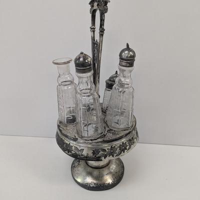 Vintage Antique Cruet Set Silver Plate Rotating Stand & Etched Glasses